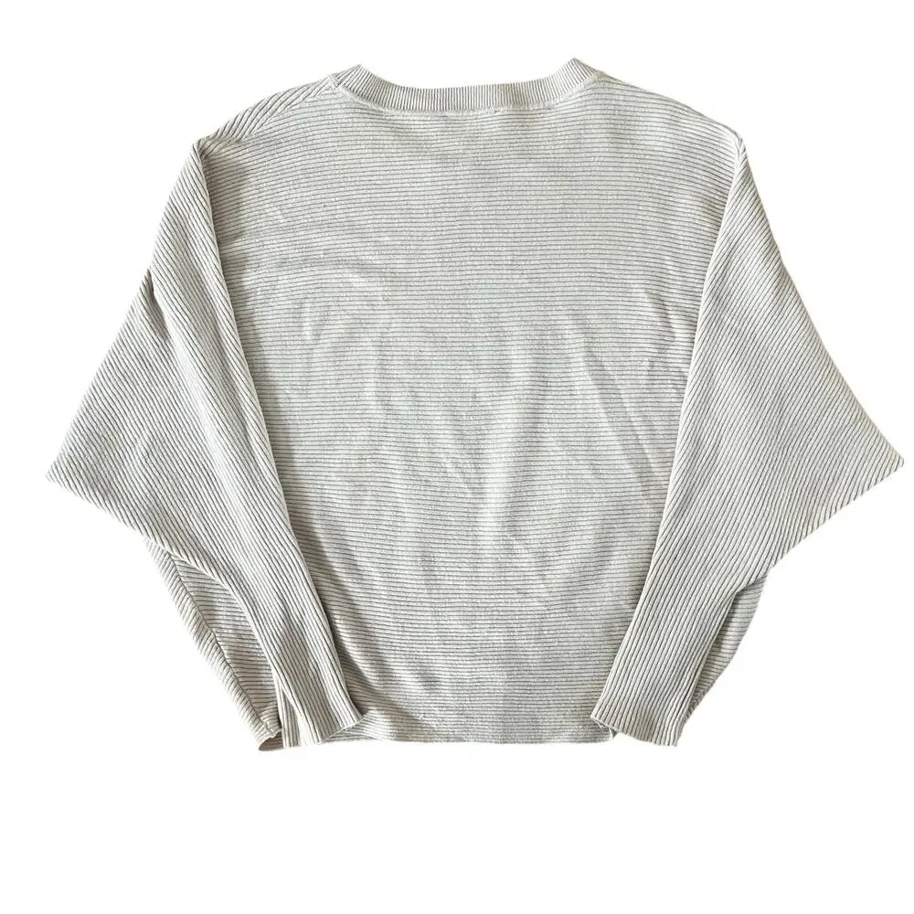 Carmen Marc Valvo Oatmeal Neutral Ribbed Knit Zipper Sleeve Sweater | S - Picture 2 of 6